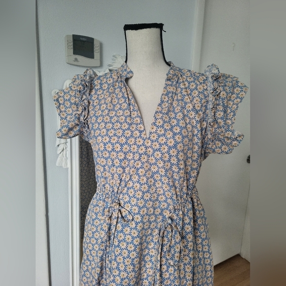 Anthropologie Floral Ruffle Sleeve Dress - Blue and White - Picture 5 of 9